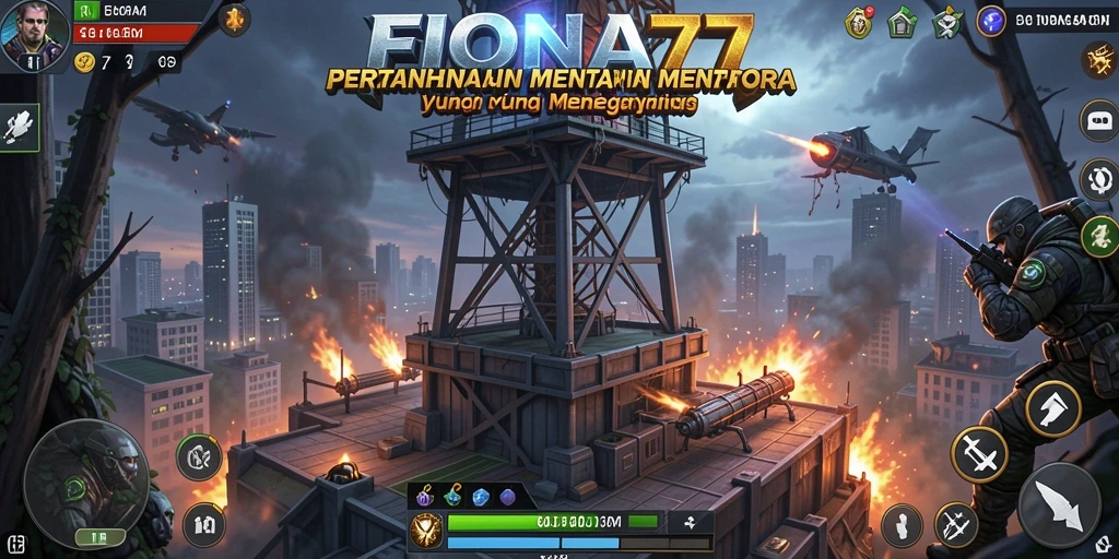 Gameplay menegangkan di FIONA77 dengan berbagai menara dan musuh.