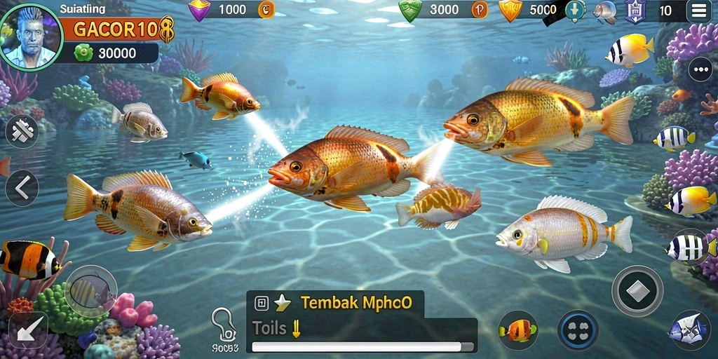 Screenshot gameplay GACOR108 menampilkan aksi menembak ikan yang seru.