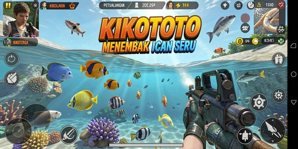 Tangkapan layar utama KIKOTOTO menampilkan aksi menembak ikan yang mendebarkan.