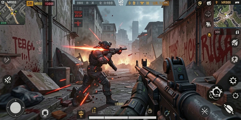 Tampilan gameplay intens dari MR888 dalam pertempuran FPS.
