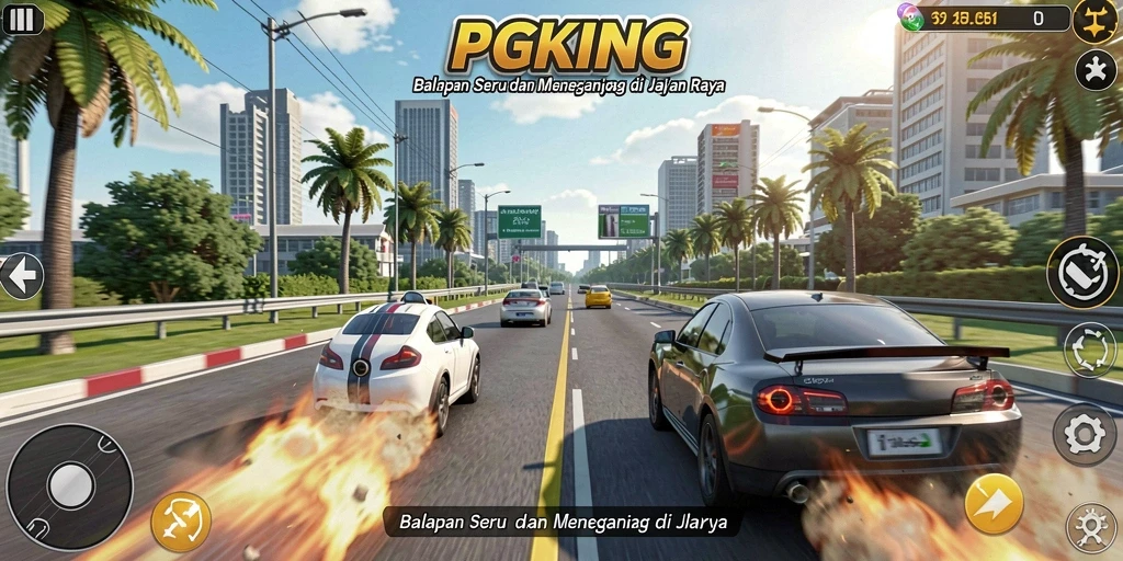 Tampilan gameplay seru balapan PGKING dengan mobil cepat dan trek menantang.