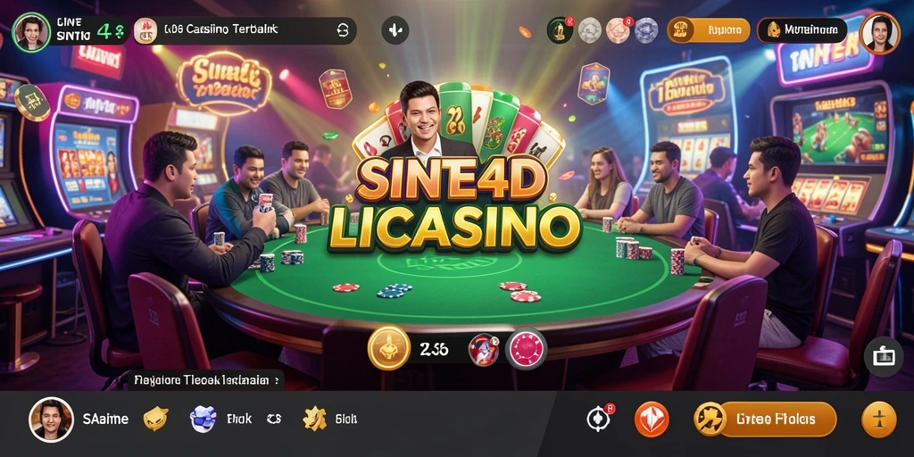 Screenshot gameplay SINTE4D menampilkan dealer profesional dan suasana kasino yang meriah.