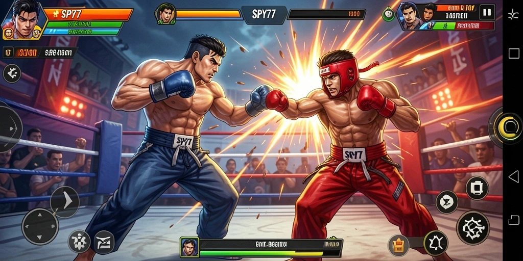 Tampilan seru dari gameplay SPY77 dengan karakter-karakter bertarung.